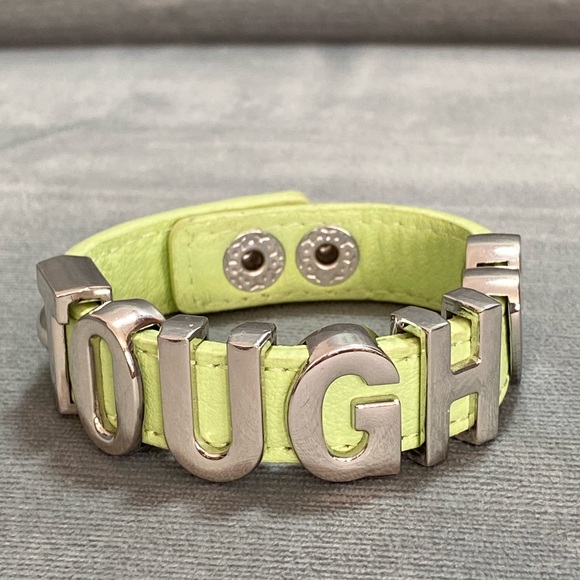 BCBGeneration Jewelry - TOUGH bracelet in large silver letters with hearts and studs on mint green strap